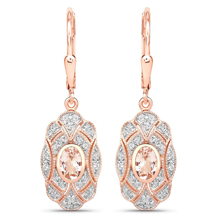 Oval Pink Morganite Bezel 18K Rose Gold Plated Silver Lever Back Dangle Earrings by Fine Color Jewels