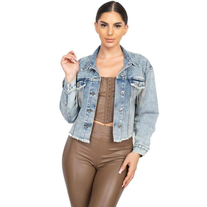 Accented Rhinestones Pocketed Denim Jacket by DailySale
