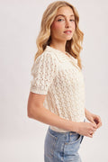 POINTELLE BUTTON DOWN SHIRT KNIT CARDIGAN: IVORY by Boutique 23