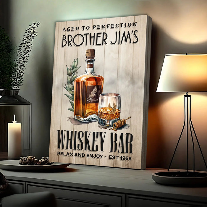 Aged To Perfection Whiskey Bar Sign by Tailored Canvases