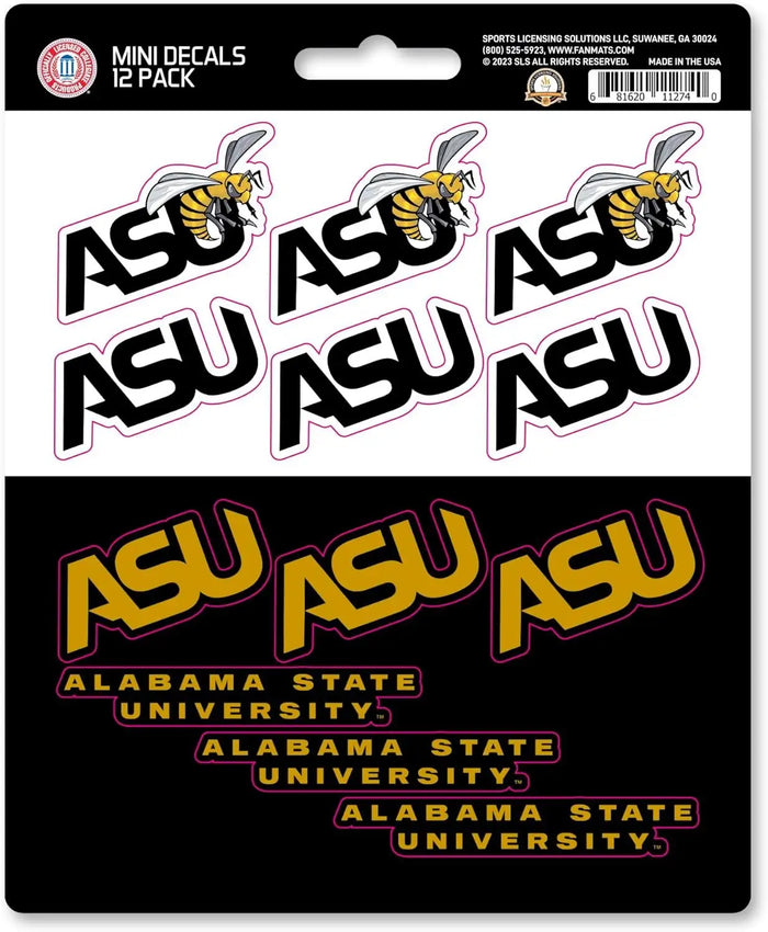 Alabama State University Hornets 12-Piece Mini Decal Sticker Set, 5x6 Inch Sheet, Gift for football fans for any hard surfaces around home, automotive, personal items by Fielders Choice