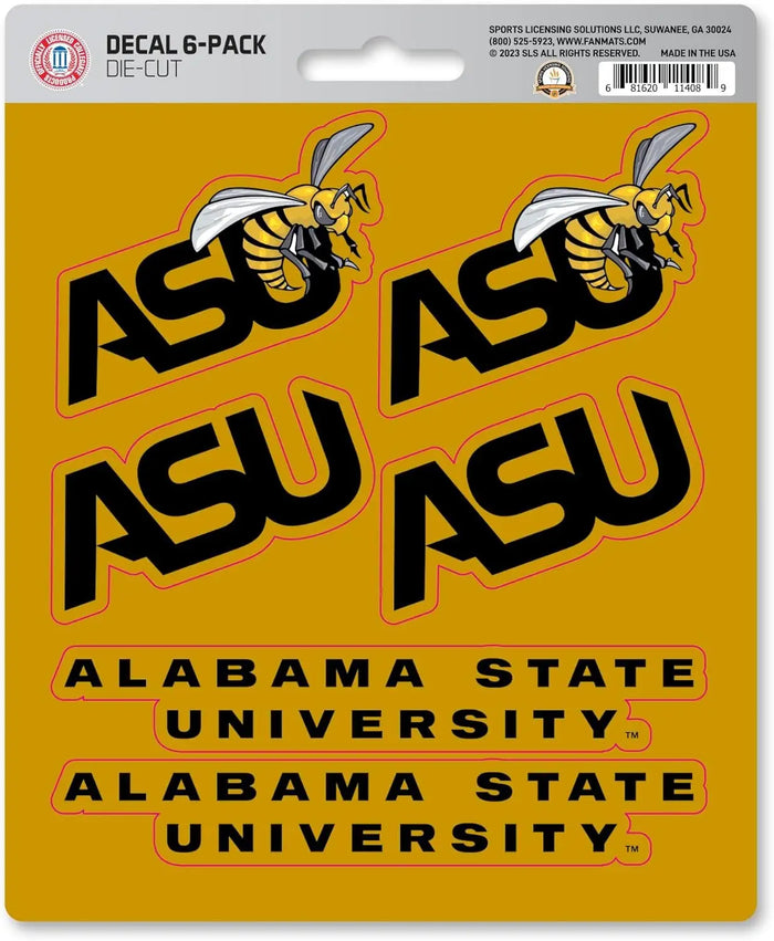 Alabama State University Hornets 6-Piece Decal Sticker Set, 5x6 Inch Sheet, Gift for football fans for any hard surfaces around home, automotive, personal items by Fielders Choice