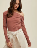 Asymmetrical Neck Ribbed Knit Top - Clay by Boutique 23