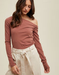 Asymmetrical Neck Ribbed Knit Top - Clay by Boutique 23
