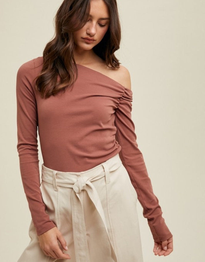 Asymmetrical Neck Ribbed Knit Top - Clay by Boutique 23