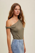 Asymmetrical One Shoulder Knit Top - Olive by Boutique 23