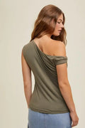 Asymmetrical One Shoulder Knit Top - Olive by Boutique 23