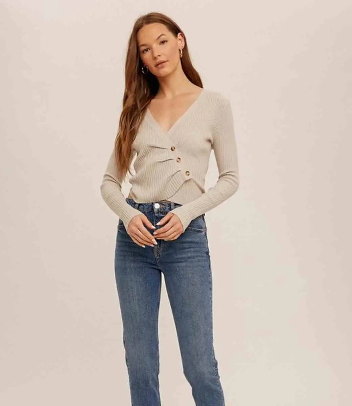 Asymmetrical Pleat Ribbed V - Neck - Dove by Boutique 23