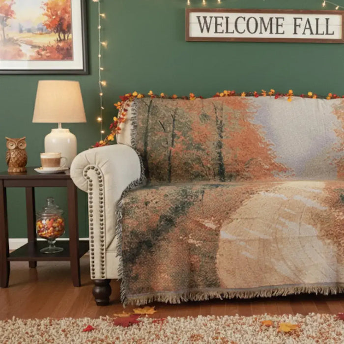 Autumn Authentic Tapestry Throw Blanket - Decorative Orange Fall Leaves Forest Woven Stitched Design - 50" x 60" by DaDalogy Bedding Collection