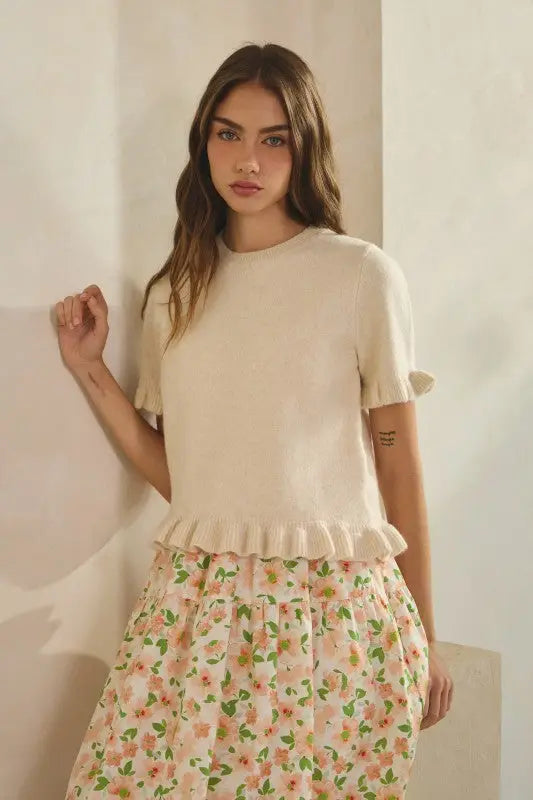 Ave Ruffle Wave Hem Knit Sweater by Boutique 23