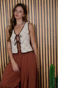 CONTRAST STITCH CROCHET KNIT FRONT TIE VEST by Boutique 23
