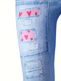 Girls All-Season Skinny Leggings - Chic Denim-Imitation Heart Pattern by Vanessa Jane