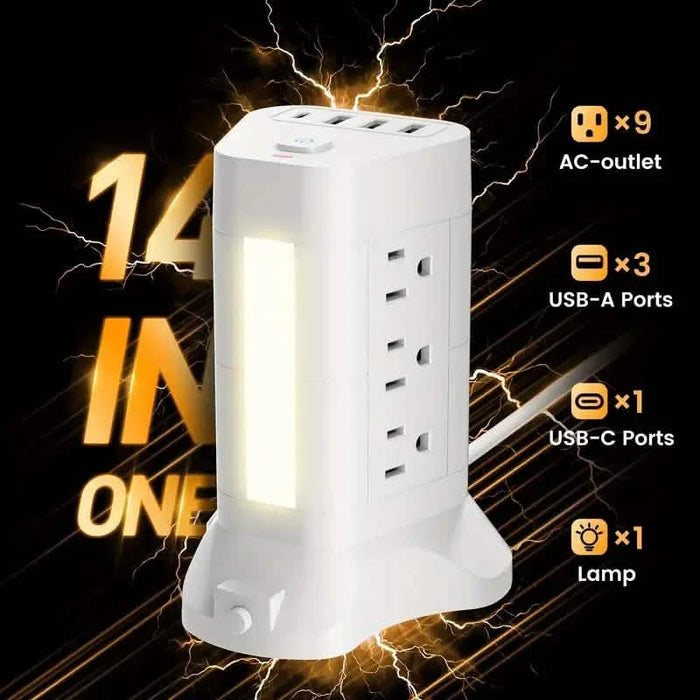 14-in-1 Power Strip Tower with 4 USB Ports & 9 AC Outlets, 10ft Extension Cable, Adjustable 3-Color Night Light by DailySale
