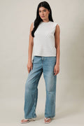 CREW NECK SLEEVELESS DIAGONAL PANEL STRIPE TOP: LT GREY-CREAM STRIPE by Boutique 23