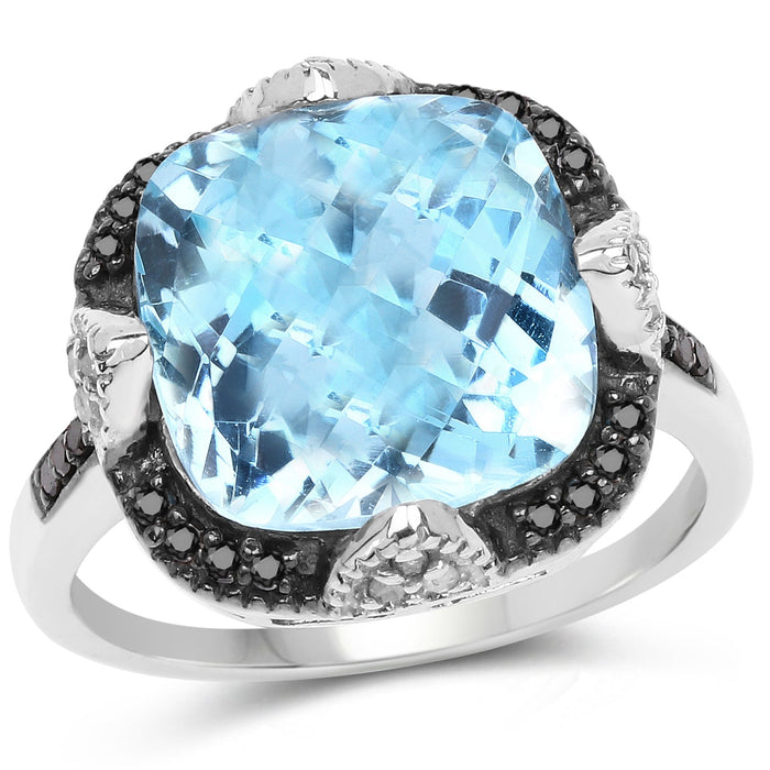 8.29 Carat Genuine Swiss Blue Topaz, Black Diamond & White Diamond .925 Sterling Silver Ring by Bids.com