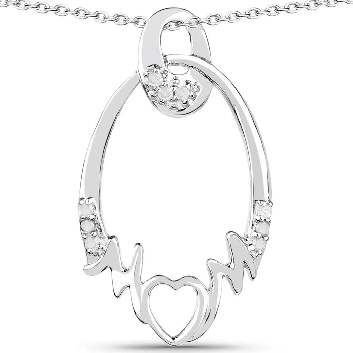 Round White Diamond Prong Silver Heart Pendant Necklace by Fine Color Jewels