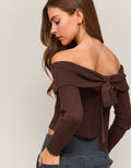 Off Shoulder Tie Back Ribbed Sweater by Boutique 23