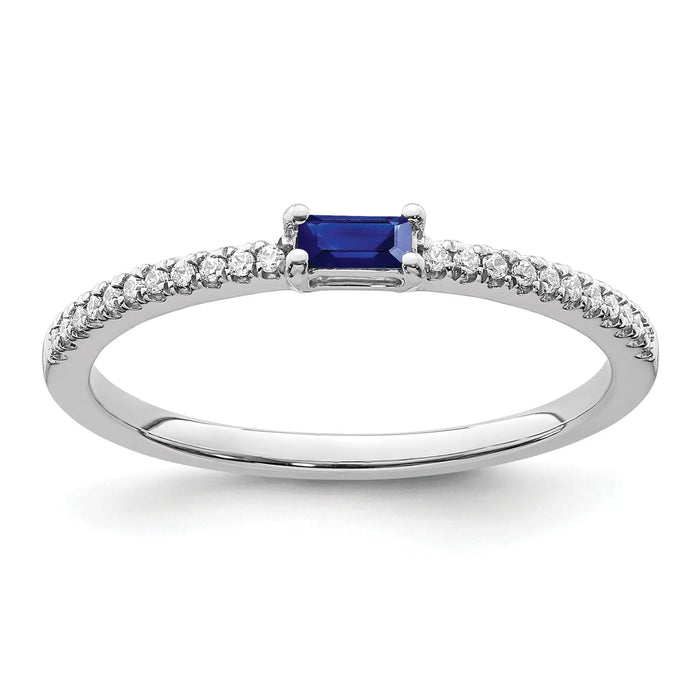 Baguette Blue Sapphire and Diamond Prong 14K White Gold Pave Classic Ring by Fine Color Jewels