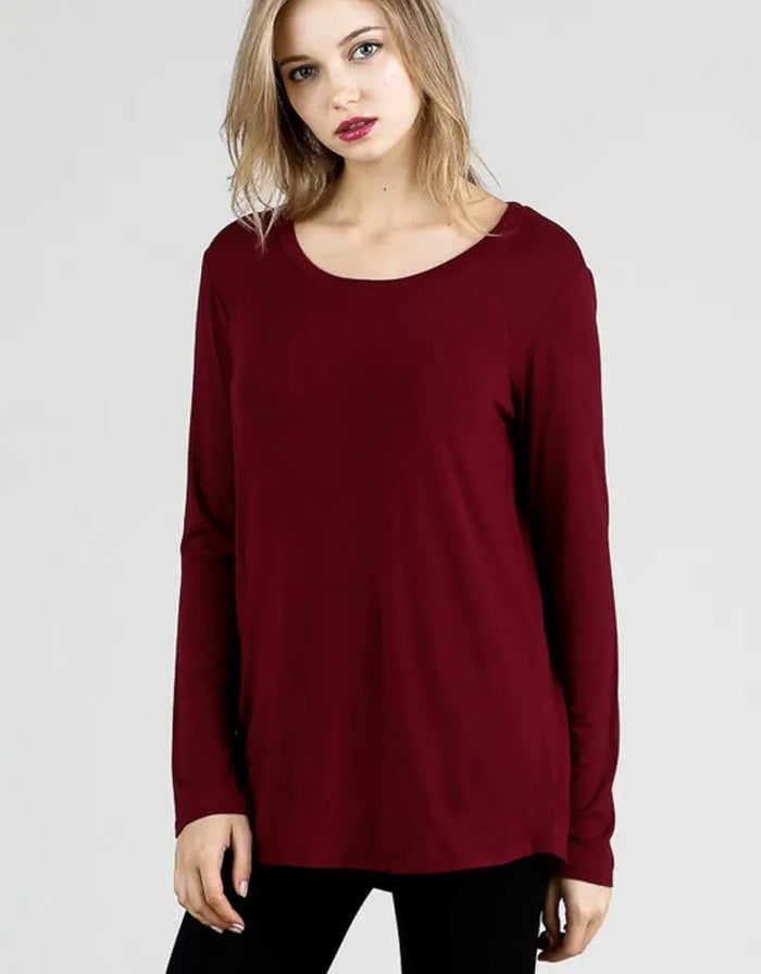 Bamboo Long Sleeve Round Neck Top - Wine by Boutique 23
