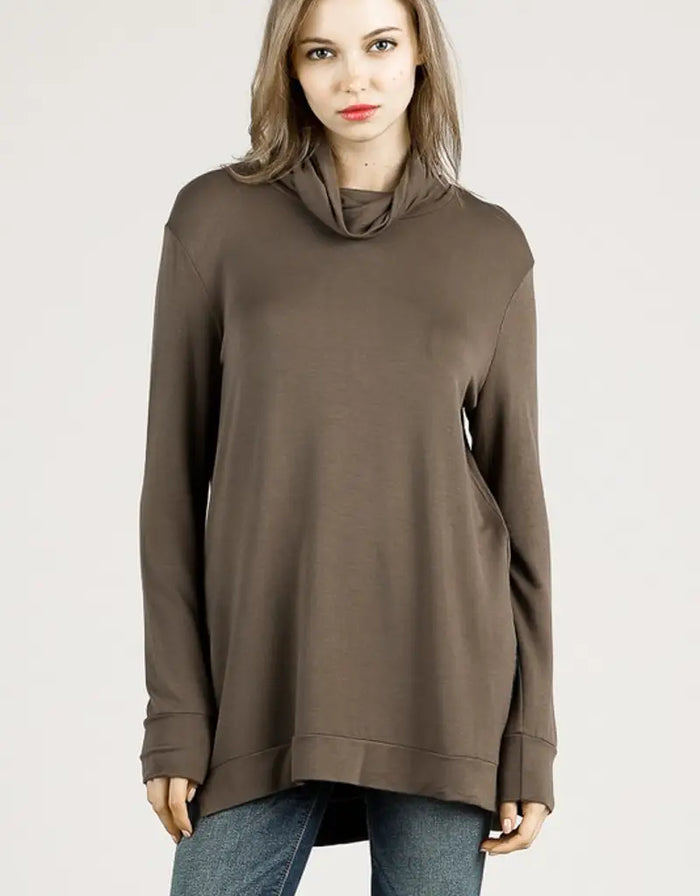 Bamboo Loose Fit Turtle Neck Top - Dk. Olive by Boutique 23