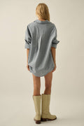 Plaid Textured Seersucker Oversize Button-Up Pocket Shirt: Chambray by Boutique 23