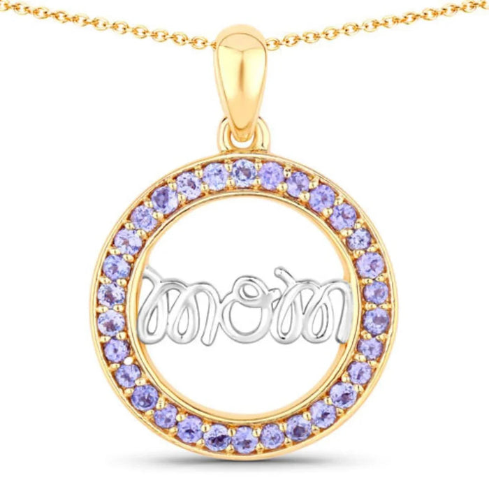 Round Violet Tanzanite Prong Gold Plated Silver Mom Circle Pendant Necklace by Fine Color Jewels