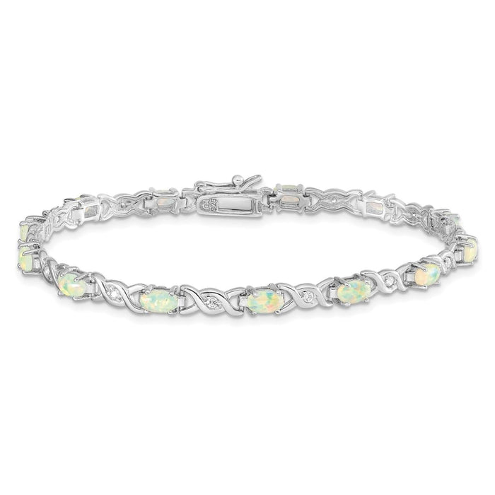 Oval White Created Opal & Diamond Prong Sterling Silver Infinity Link Bracelet by Fine Color Jewels