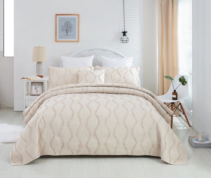 DaDa Bedding Soft Charming French Country Ruffles Quilted Cotton Bedspread Set - Ivory Cream Tan (JHW873) by DaDalogy Bedding Collection