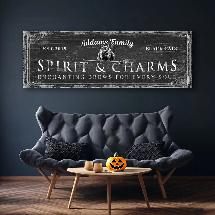 Black Cat’s Spirits & Charms Bar Halloween Sign by Tailored Canvases