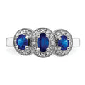 Blue Oval Sapphire and Diamond Prong Sterling Silver Three Stone Halo Ring by Fine Color Jewels