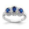 Blue Oval Sapphire and Diamond Prong Sterling Silver Three Stone Halo Ring