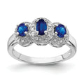 Blue Oval Sapphire and Diamond Prong Sterling Silver Three Stone Halo Ring by Fine Color Jewels