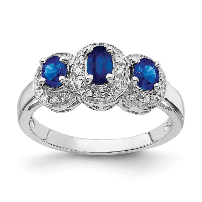 Blue Oval Sapphire and Diamond Prong Sterling Silver Three Stone Halo Ring by Fine Color Jewels