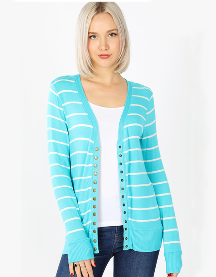 Striped Snap Cardigan Full Sleeve - Ice Blue by Boutique 23