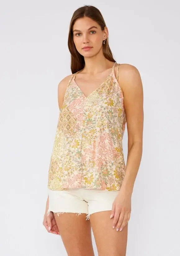 Bohemian Floral V Neck Racerback Tank Top: Dusty Peach/Rust by Boutique 23