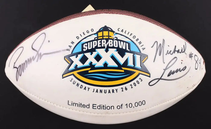 Boomer Esiason & Michael Lewis Signed SB XXXVII Football (Beckett) by Price Is Right Miami