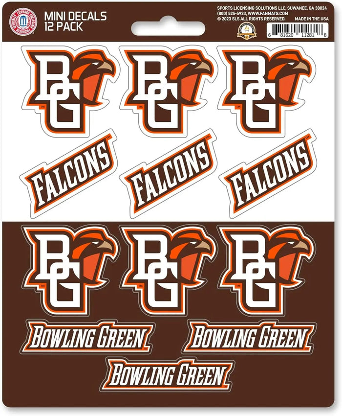 Bowling Green State University Falcons 12-Piece Mini Decal Sticker Set, 5x6 Inch Sheet, Gift for football fans for any hard surfaces around home, automotive, personal items by Fielders Choice