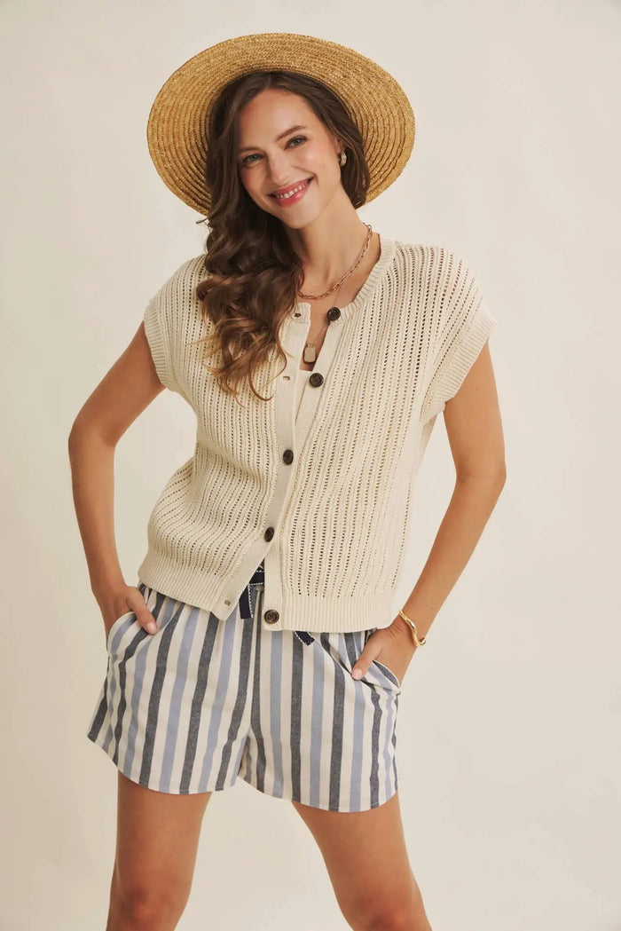 BREEZY NATURAL COTTON OPEN KNIT BUTTON-DOWN SWEATER VEST: NATURAL by Boutique 23