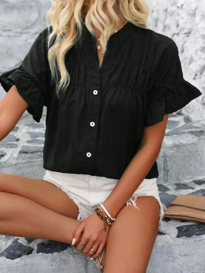 Button Down Ruffled Short Sleeve Shirt by Boutique 23