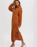 Button Up Maxi Shirt Dress With Pocket - Brick by Boutique 23