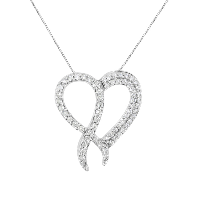 .925 Sterling Silver 1 cttw Diamond Heart and Ribbon 18" Pendant Necklace (I-J Clarity, I2-I3 Color) - 18" by Bids.com