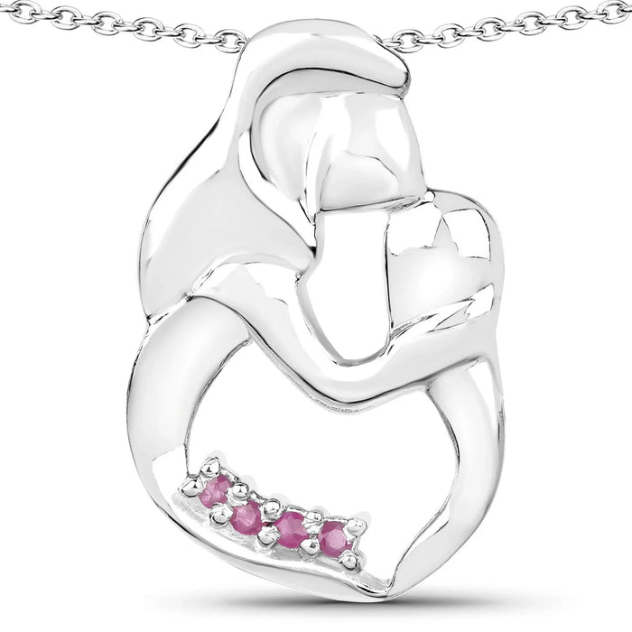 Round Pink Ruby Prong Silver Mom Pendant Necklace by Fine Color Jewels