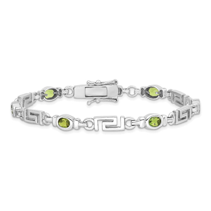 Oval Olive Green Peridot Bezel Sterling Silver Greek Key Link Bracelet by Fine Color Jewels