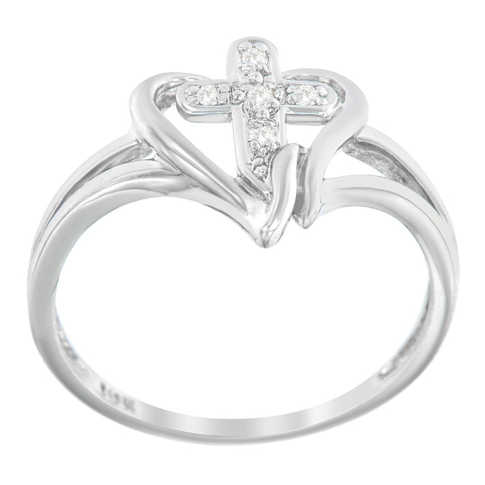 10K White Gold Diamond-Accented Cross & Open Heart Promise Fashion Ring (H-I Color, I1-I2 Clarity) - Size 7 by Bids.com
