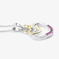 Round Pink Ruby Prong Silver Double Heart Pendant Necklace by Fine Color Jewels