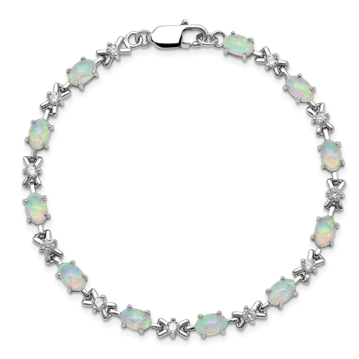 Oval White Created Opal & CZ Prong Sterling Silver X Link Bracelet by Fine Color Jewels
