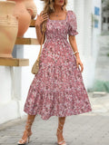 Floral Square Neck Short Sleeve Tiered Dress - Pink by Boutique 23