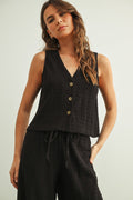 Crinkled Fabric Sleeveless Button Front Top | Black by Boutique 23