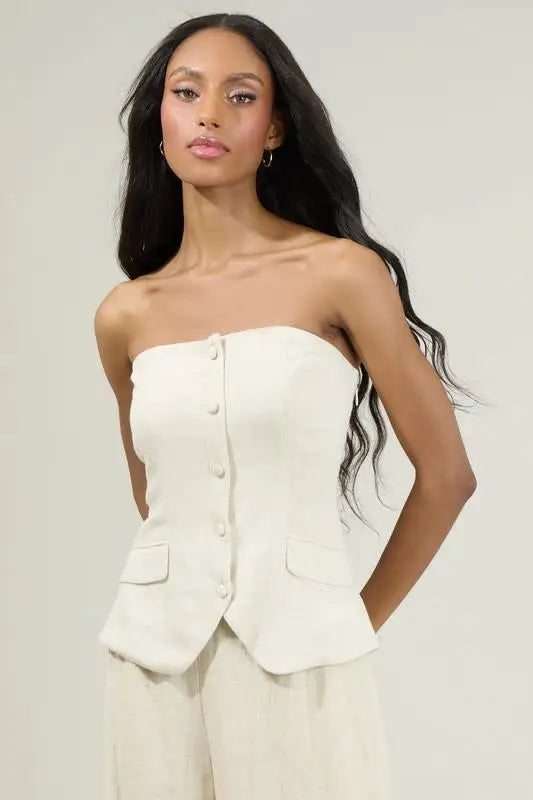 Candida Strapless Button Up Top - Natural by Boutique 23