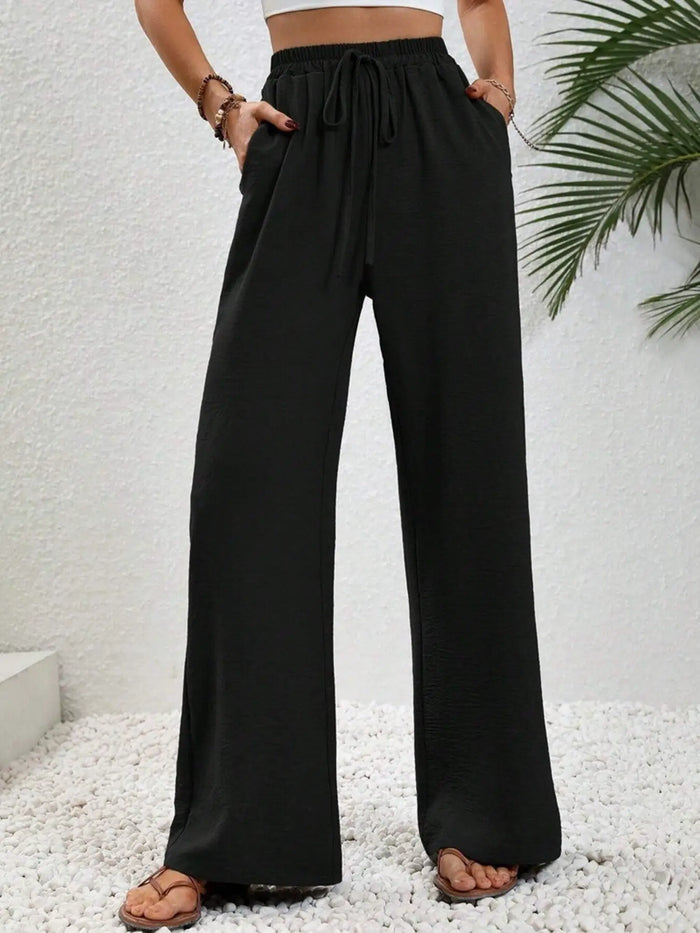 Casual Drawstring Wide Leg Pants: Black by Boutique 23
